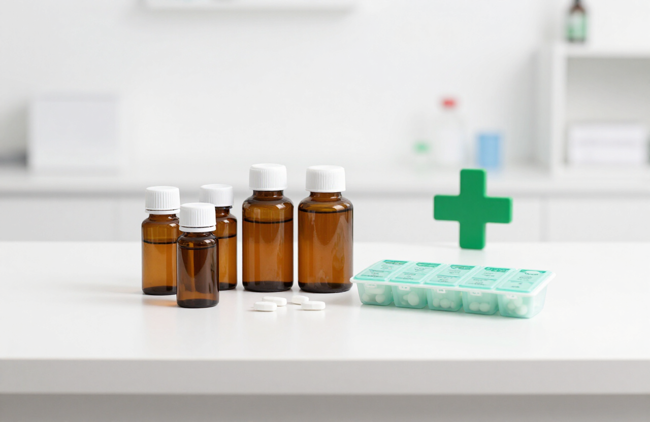 Medicine bottles and a pill organiser on a pharmacy counter