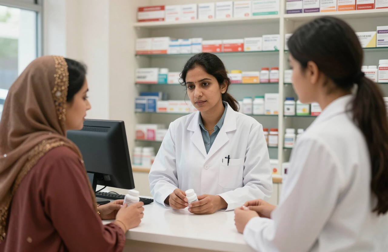 Female pharmacist counselling a woman at IMA Pharmacy Plus