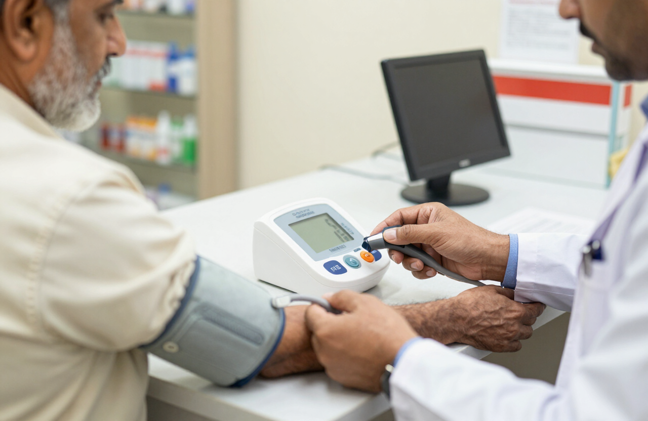 Pharmacist checking a patient's blood pressure